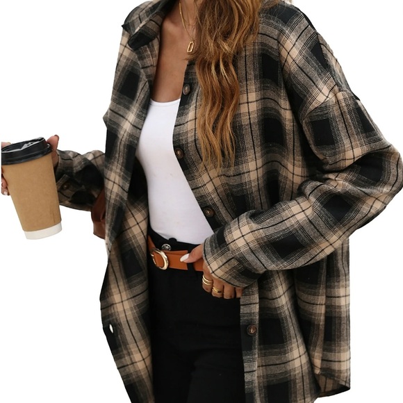 Khaki Black Plaid Flannel Shirt | Oversized Long Sleeve Button Down - Picture 2 of 4